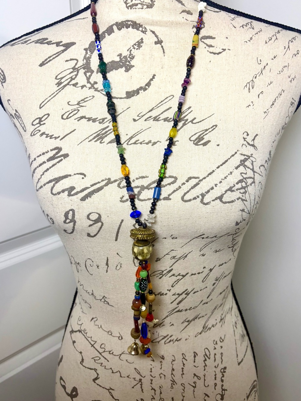Vintage Artisan Beads From Around the World Long Tassel Necklace 28”